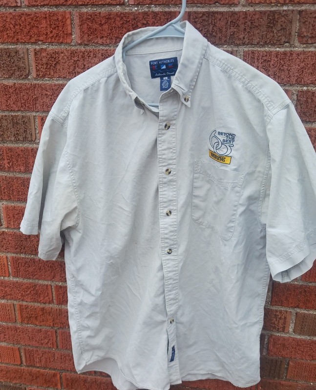 Port Authority Chinos  Men's Large Khaki Button-up Shirt Whayne CAT 60th Year.