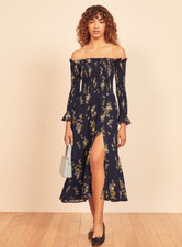 Reformation Dell Dress Size 4 Navy Floral Off Shoulder Smocked Midi Long Sleeve