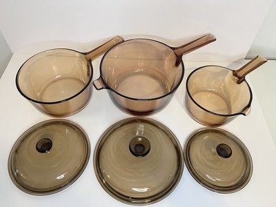 Vintage Corning Vision Pyrex Pot Set 6 Piece With Lids Amber Glass Cookware Set