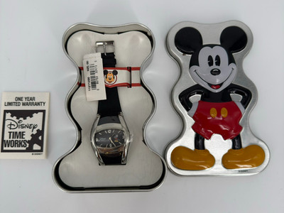 Time Works Disney Watch Mickey Mouse Oval Modern Shape Rare in Tin Case - Works