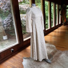 True Vintage 1960s Lace Long Sleeve Wedding Dress ILGWU Union Label Boho Small
