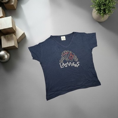 Get Lucky Las Vegas Rhinestone V-Neck Graphic Tee Navy Blue Y2K Women Large