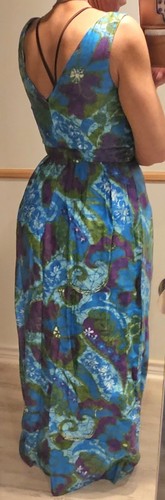 Vintage 60s Blue Purple Sleeveless Hostess Hawaiian Barkcloth Maxi Dress 34"Bust - Picture 15 of 24