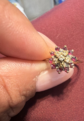 10k Yellow Gold Cluster Ring with Diamonds and Rubies, Size 8