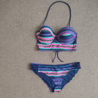 Matalan sz 32/12/C navy pink green lined polyester padded bikini set of 2