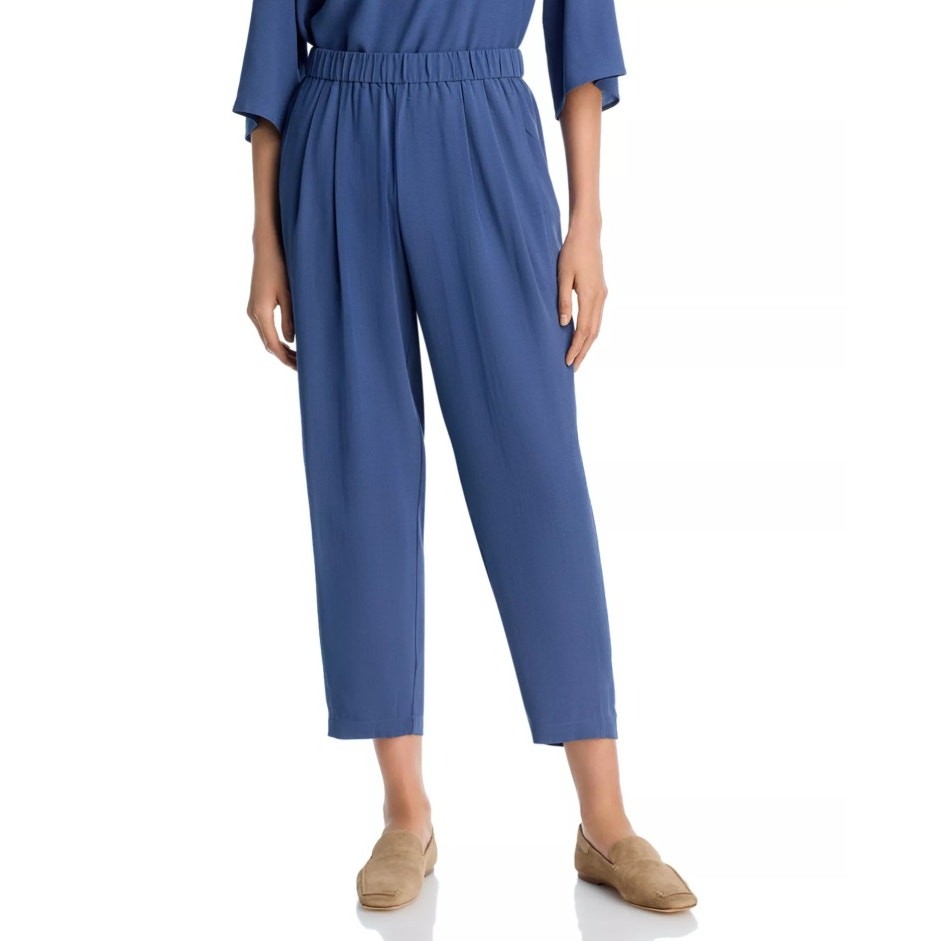 Eileen Fisher Women Dusk Blue Matte Silk Cropped Pleated Lantern Pants Size S