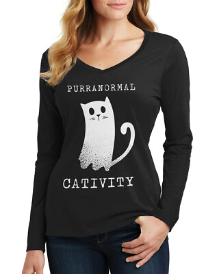 Threadrock Women's Purranormal Cativity Ghost Cat Long Sleeve V-Neck T-Shirt