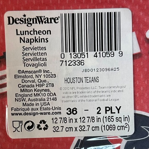 Houston Texans NFL Fútbol Fiesta Banquete Almuerzo Servilletas 36 unidades 2 capas - Imagen 3 de 3
