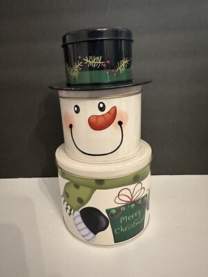Three-Tiered Stackable Snowman Candy, Chocolate, Cookie Tin   10  Tall