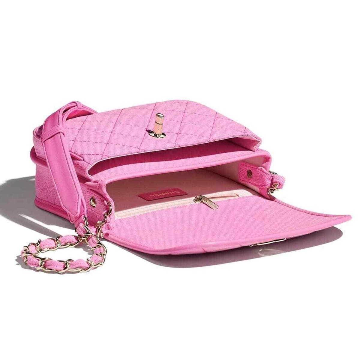 Chanel 21S Neon Pink Denim Small Messenger CC Logo Chain Chanel 21S Neon Pink Denim Small Messenger CC Logo Chain