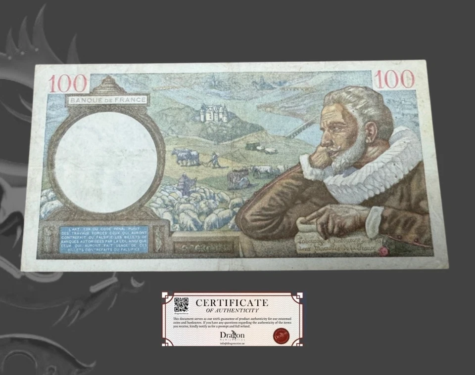 France 100 Francs 1940 Sully type 1939 VF+ folds, pinholes, stains. - Image 2 of 4