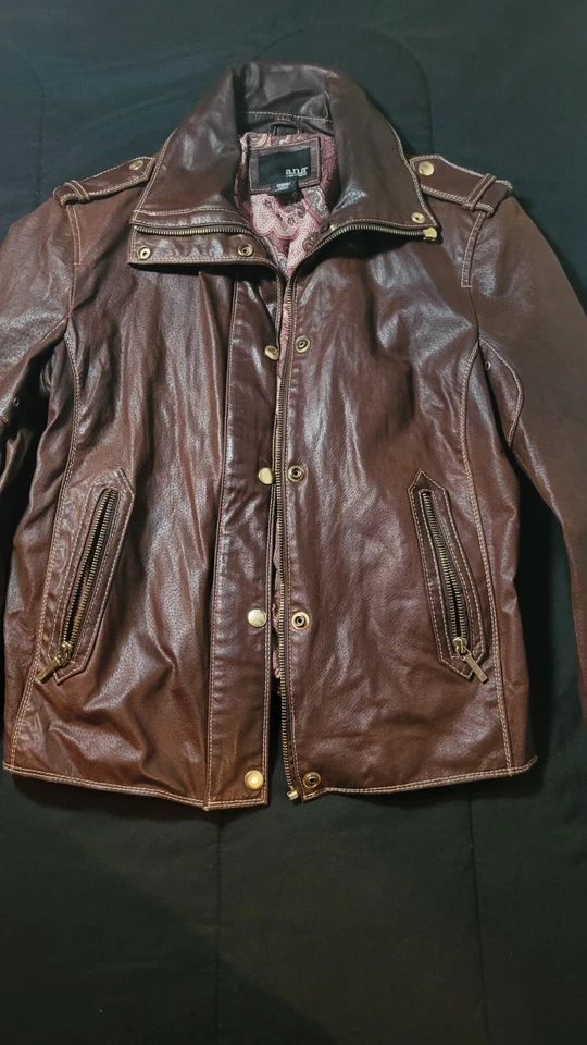 Chaqueta de Cuero ANA A New Approach Mujer Mediana M Moto Cremallera Cachemira Forrada Marrón Foto 2 de 4