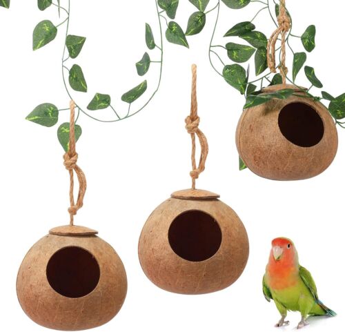 H&E 3 Pcs Coconut Bird Nest Hut Hanging Bird House Coconut Hide with 6.9 Feet