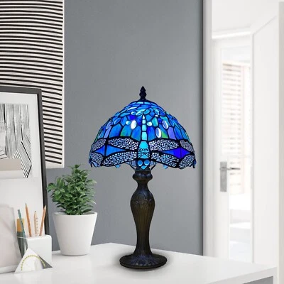 E-TRADEMART Blue Dragonfly Style Table Lamp Stained Glass Shade Home Decoration