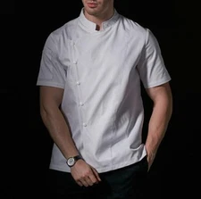 Mens Chef Workwear Kitchen Coat Pastry Cook Short Sleeve Uniform Loose Jackets