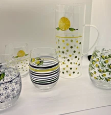 LEMONS  LEAVES PITCHER SET 54 OZ 4 GLASSES 20 FL OZ EA HOME ESSENTIALS glass new