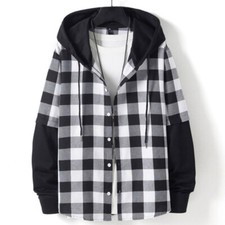 Herren Karomuster mit Kapuze Splice Hemd Jacke Langärmelig Locker Mantel Bluse