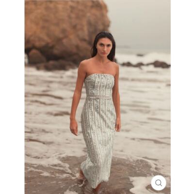 mac duggal beaded empire waist column midi cocktail dress Beige V-Neck Beaded Fringe Embellished Sheath Dress main image 1