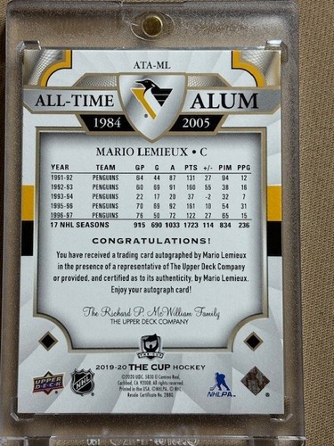 Mario Lemieux The Cup All-Time Alum /25 2019-20 Hard-signed Auto - Picture 2 of 2