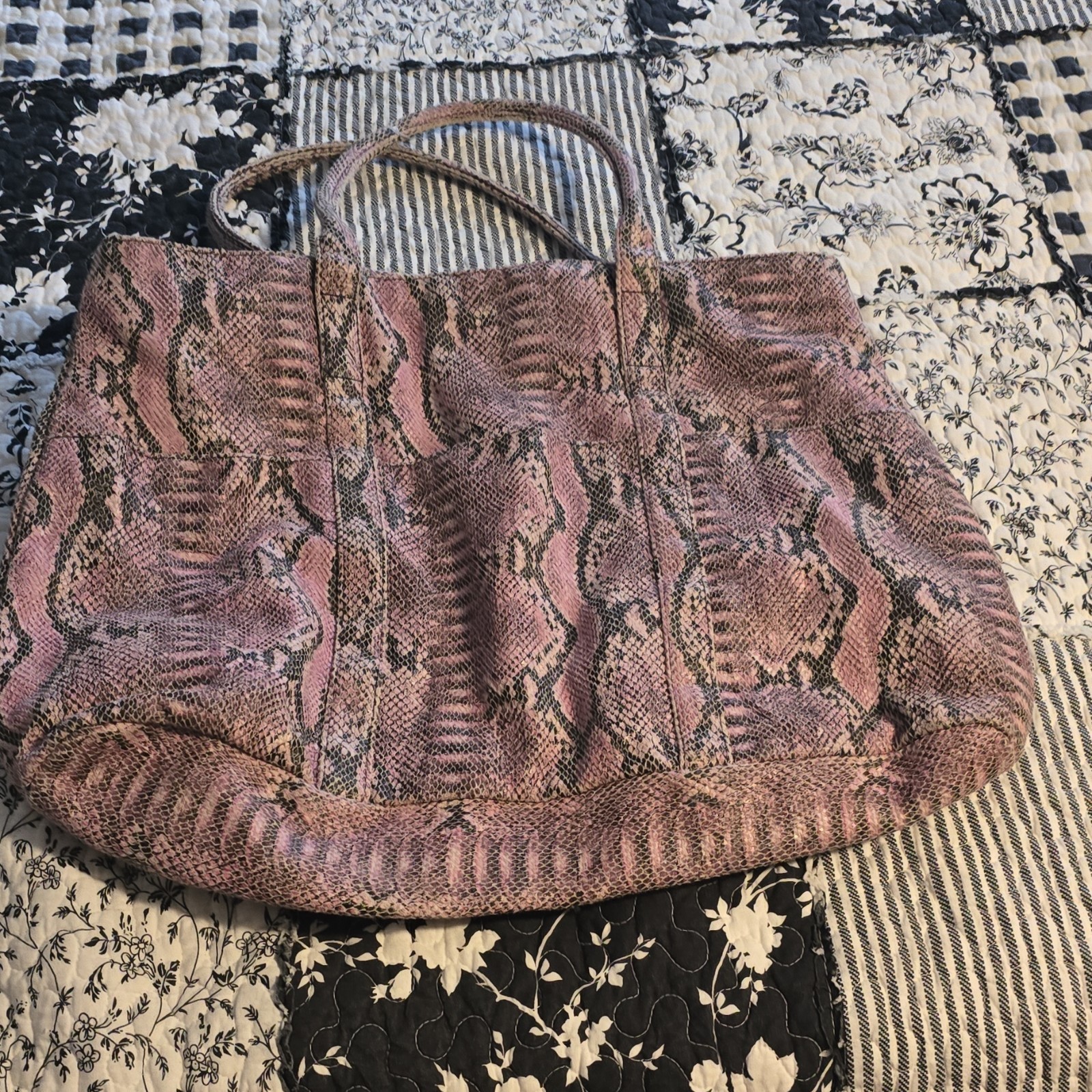Pink/Black Snake Print Tote Bag Double Handles Beige Lined