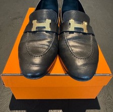 Hermes Paris Loafers Black Leather Palladium H Logo EU Size37 Goatskin Insole