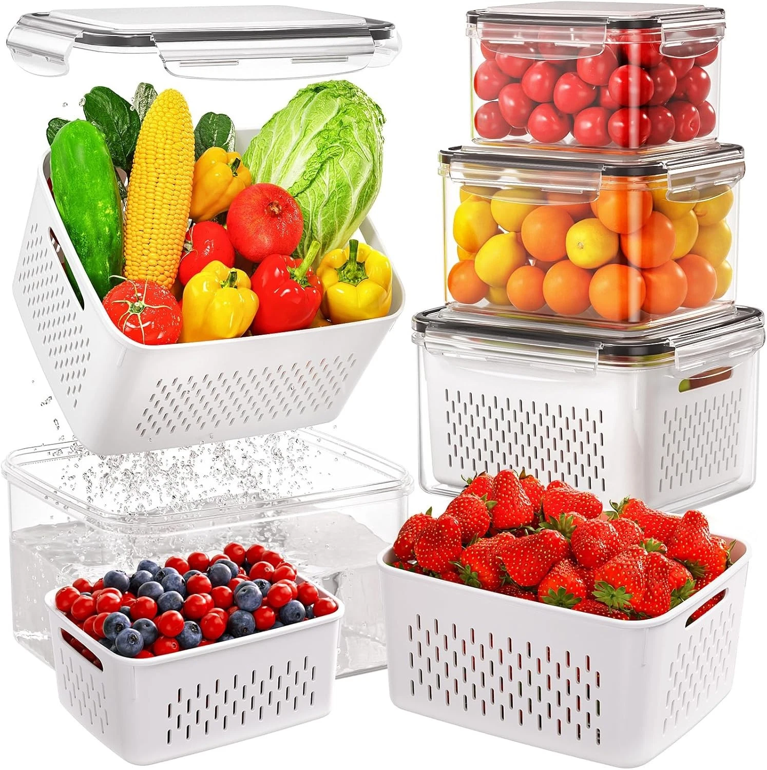 4 PCS Fruit Storage Containers for Fridge Removable Colander