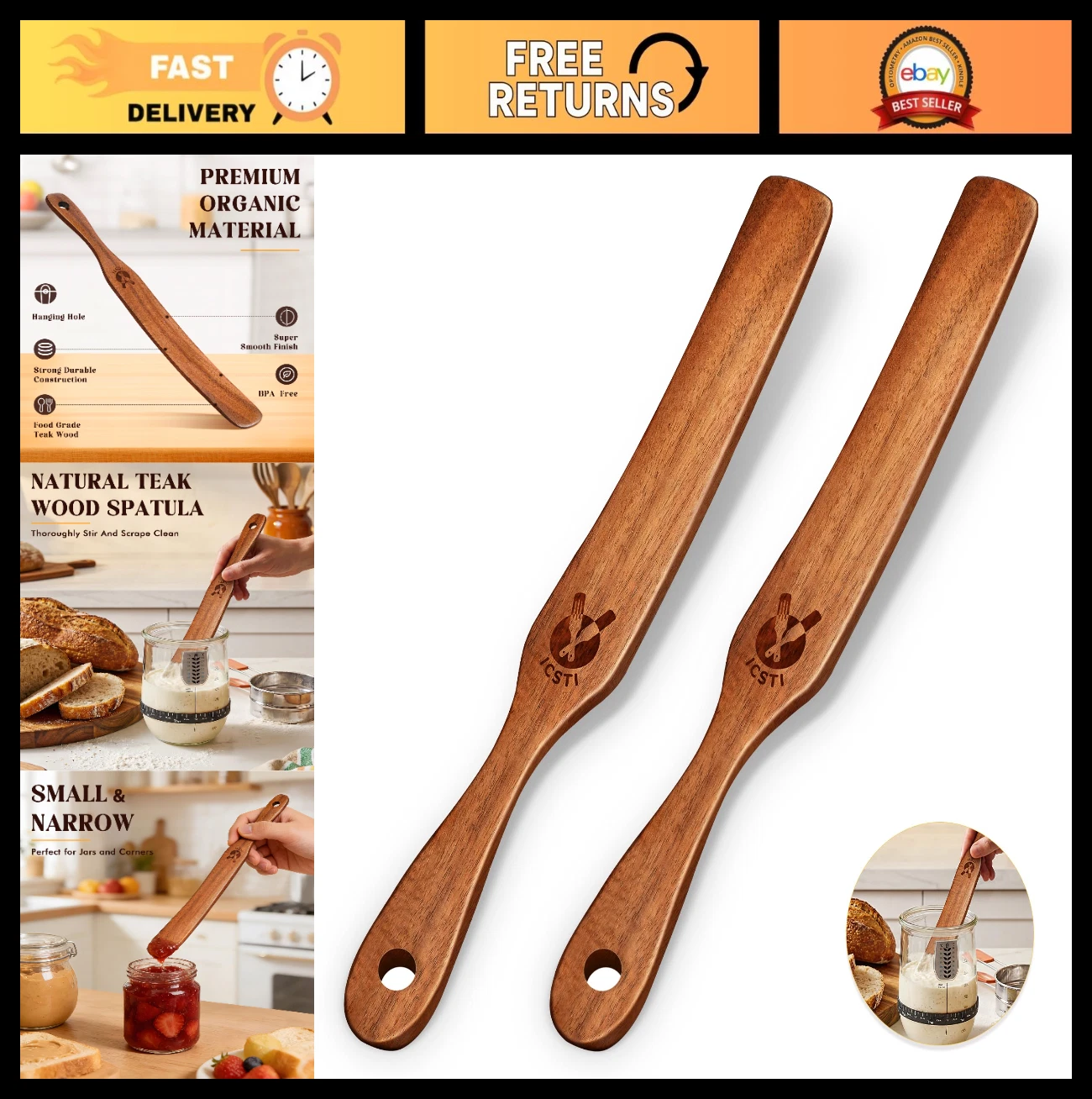 2 Pack Wooden Spurtle Set for Sourdough, Mixing & Dough Whisk - Natural Teak Kit