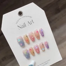 Short Coffin Fake Nail Moon Star 3D Decor Press-on Nail Summer False Nail Colorf