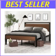 Heavy Duty 14 Inch Full-Size Bed Frame with Rustic Walnut Finish and Storage