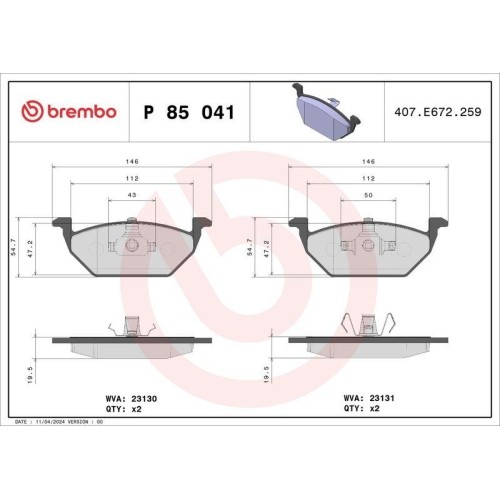 Plaquettes Brembo P85041 anti-sifflement pour système de frein à disque Audi et VW