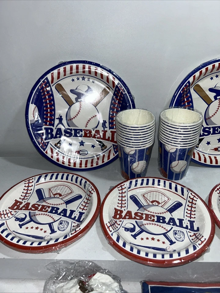 Suprimentos temáticos de beisebol para festas, pratos, guardanapos, copos, balões todos selados  - Imagem 3 de 4