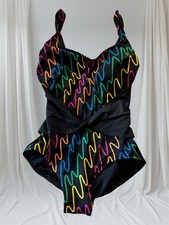 VTG 80s Rose Marie Reid Neon Crayon Scribbles Belt Swimsuit Retro Size 38 M/L