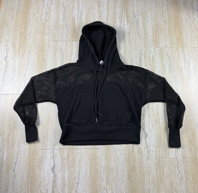 Cali Sport Womens Size S Long Sleeve Mesh Black Cropped Pullover Hoodie Gym 