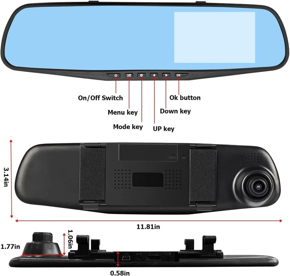 Mirror Dash Cam for Car, 4.3" Backup Smart Rearview Mirror Camera, Waterproof HD - Image 3 of 4