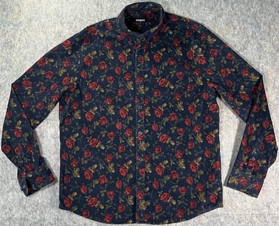Express Men's Floral Corduroy Shirt / Size Large / Navy Blue Long Sleeve Roses