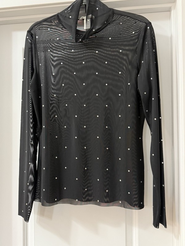 BLACK SHEER TOP WITH RHINESTONES LONG SLEEVE SIZE L NEW