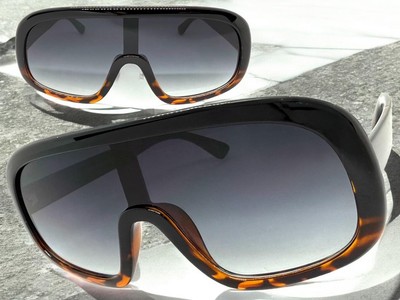 Oversized Exaggerated Modern Retro Shield Style SUNGLASSES Large Big Black Frame