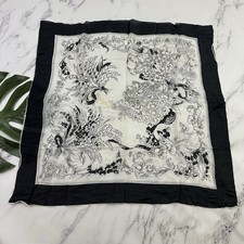 Vintage 60s Floral Scarf Black White Silk Rayon Blend Large Japan Daisy Light