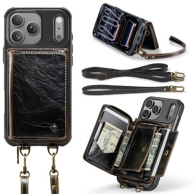 Fr iPhone 17 Pro Max 16 15 14 13 RFID Crossbody Zipper Wallet Leather Stand Case
