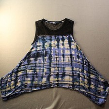 Simply Vera Wang Womens Top L Blue Plaid Lace Sleeveless Flowy Asymmetrical