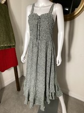 Grace Karin Green & White Smocked Sleeveless Midi Dress Ruffle Hemline M NWT