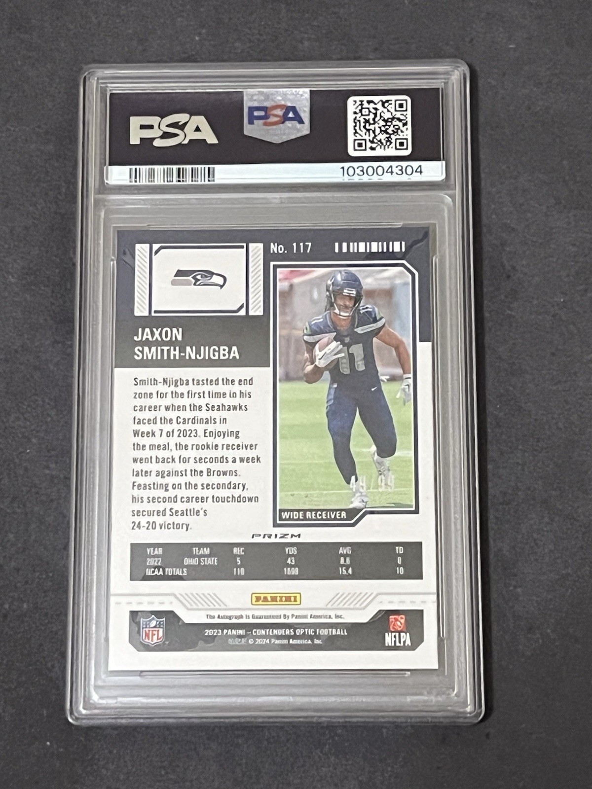2023 Panini Contenders Optic Jaxon Smith-Njigba Teal Prizm /99 Rookie Auto PSA 9 view 2