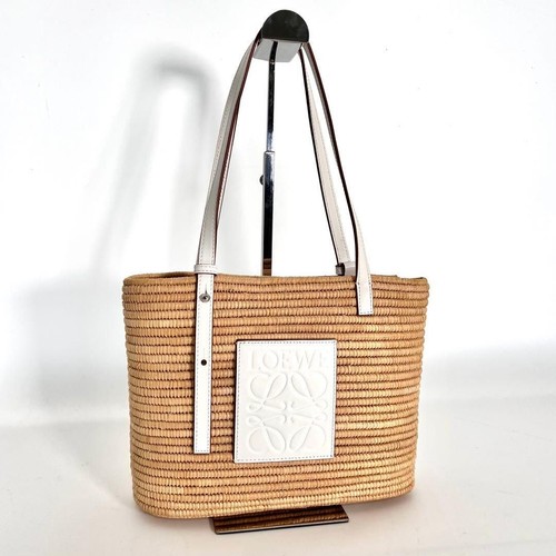 LOEWE Tote Bag Square Basket Straw Handbag White