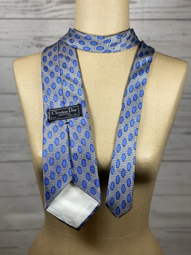 Cravatta abito vintage Christian Dior 100% seta blu e argento 56"