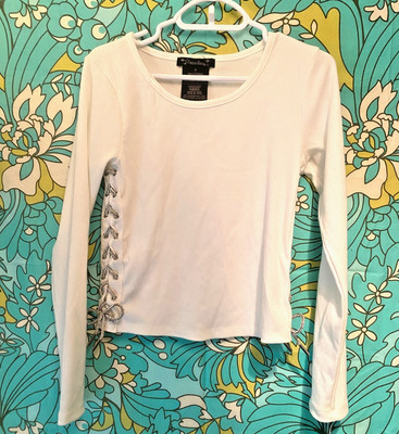 NWT NEW: Girls' White Long Sleeve Top Size S | Metallic Silver Side Lace-Up 