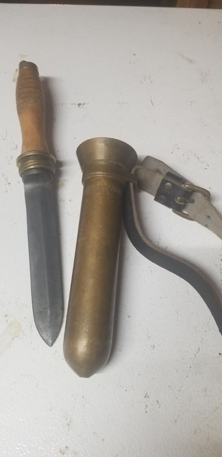 Morse Navy Divers Knife with Brass Sheath, Wooden Handle and Leather