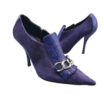 CASADEI High Heel Shoes Pointy Toe Purple Suede Chain Zip Bootie Women Sz 6.5