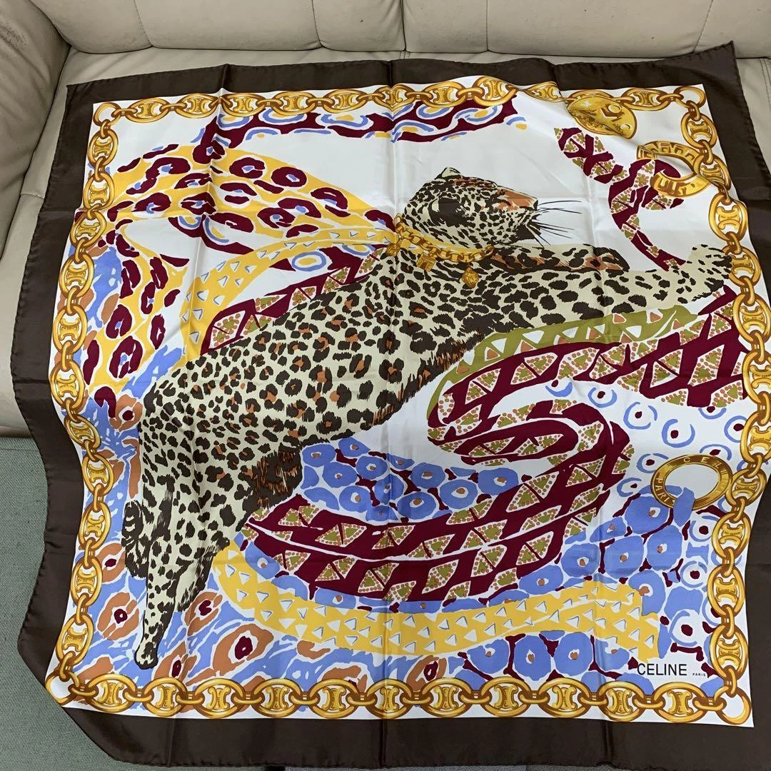 CELINE sciarpa grande 85 cm 33" catena quadrata seta marrone