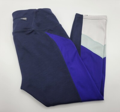 ATHLETA Women s SONAR Capri Leggings Blue White Colorblock Zip Pocket Size Small