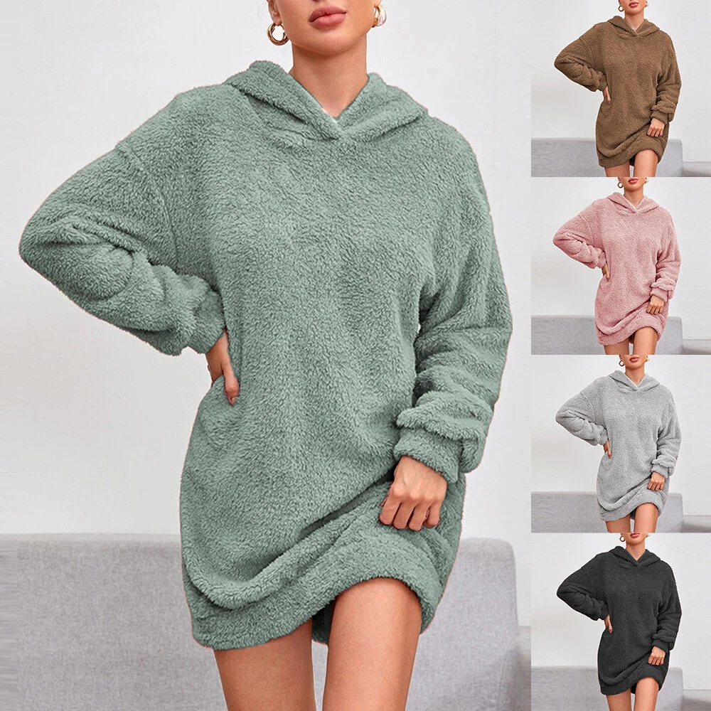 Women Fleece Fur Hoodie Sweatshirt Dress Oversized Hooded Fluffy